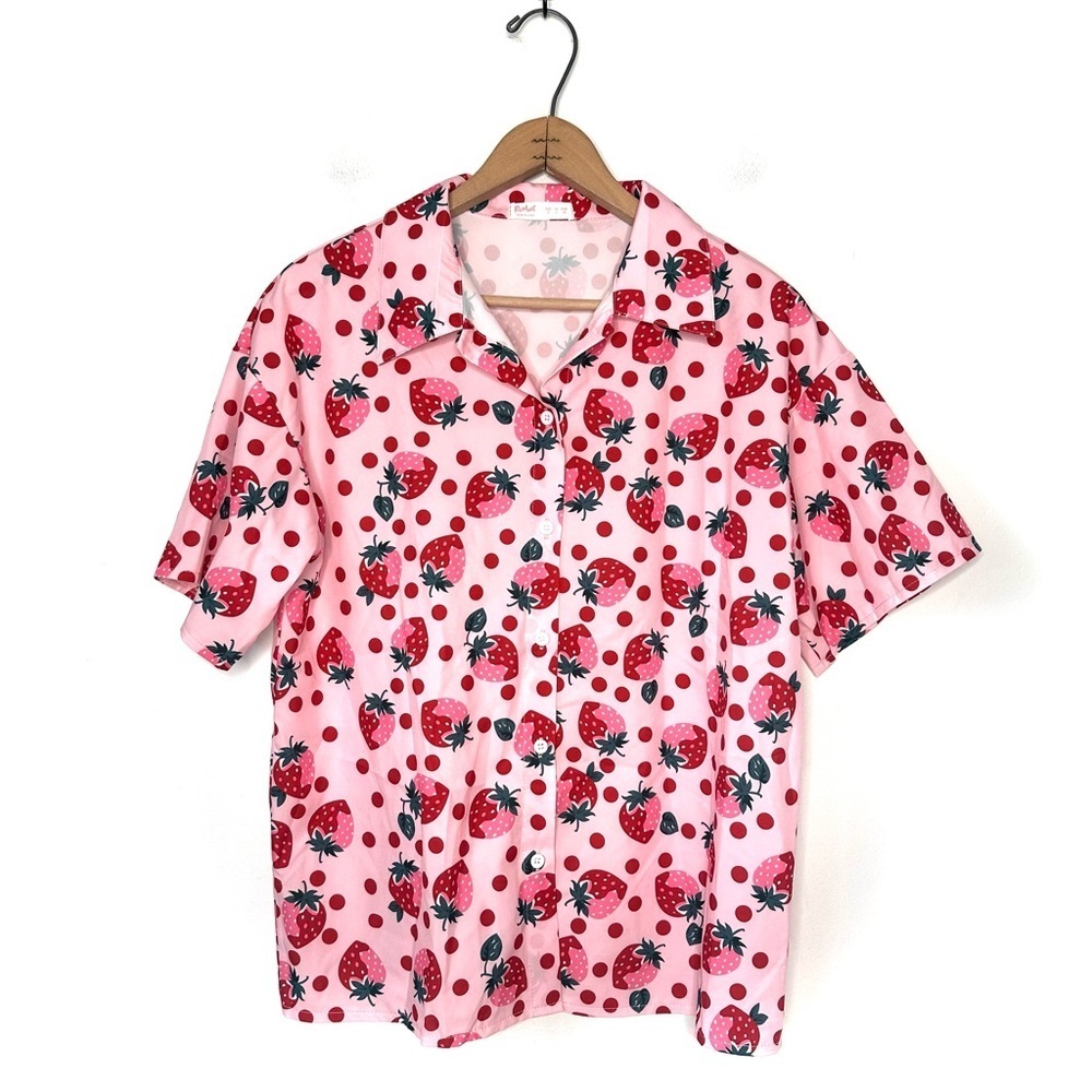 Romwe | Pink Strawberry Polka Dot Short Sleeve Button Down Shirt Size Small